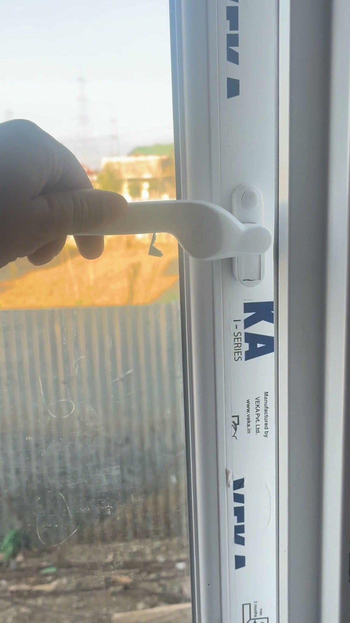 Close-up of a sash handle on a VEKA frame