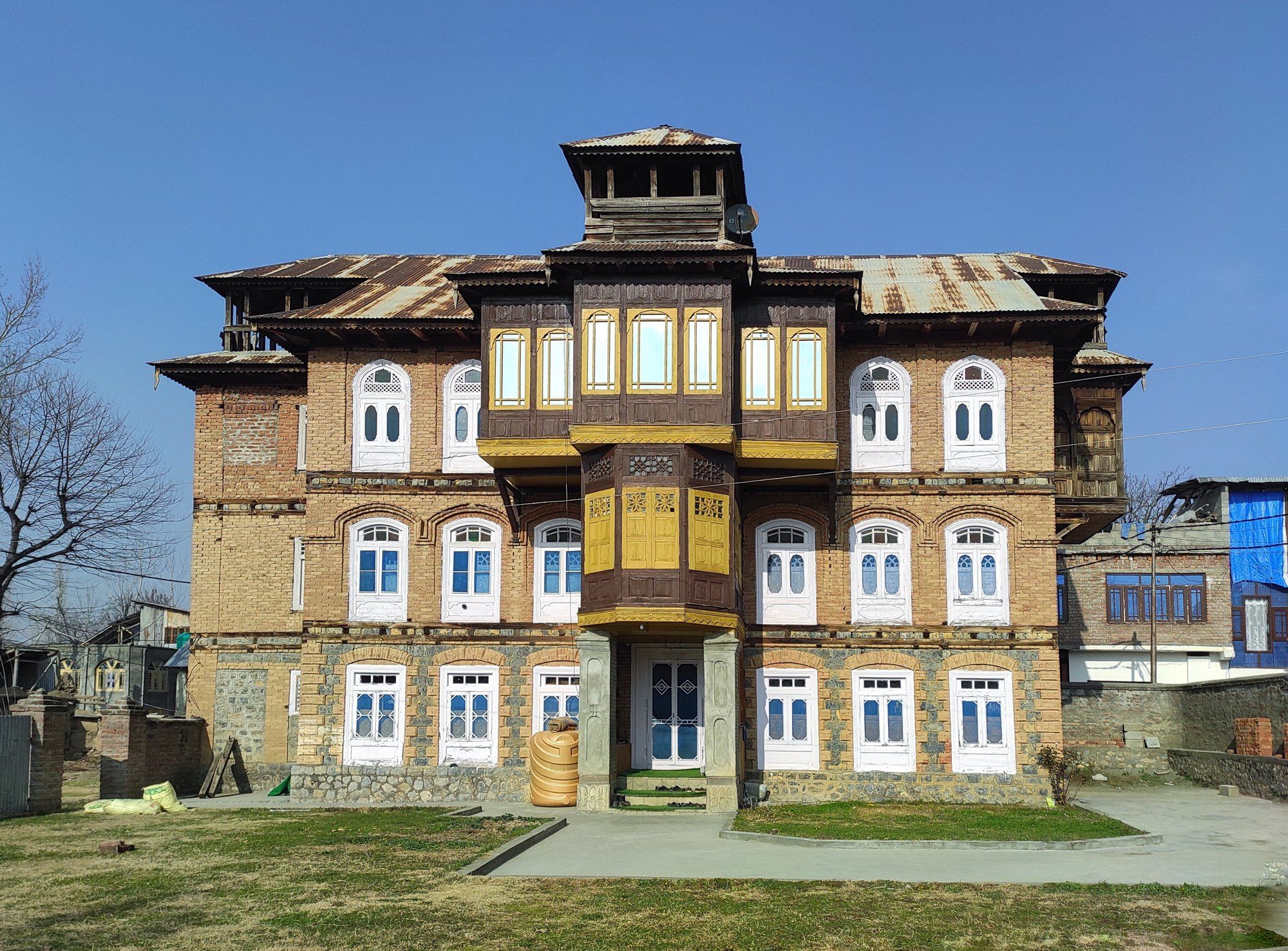 A traditional Kashmiri house with carved wooden windows