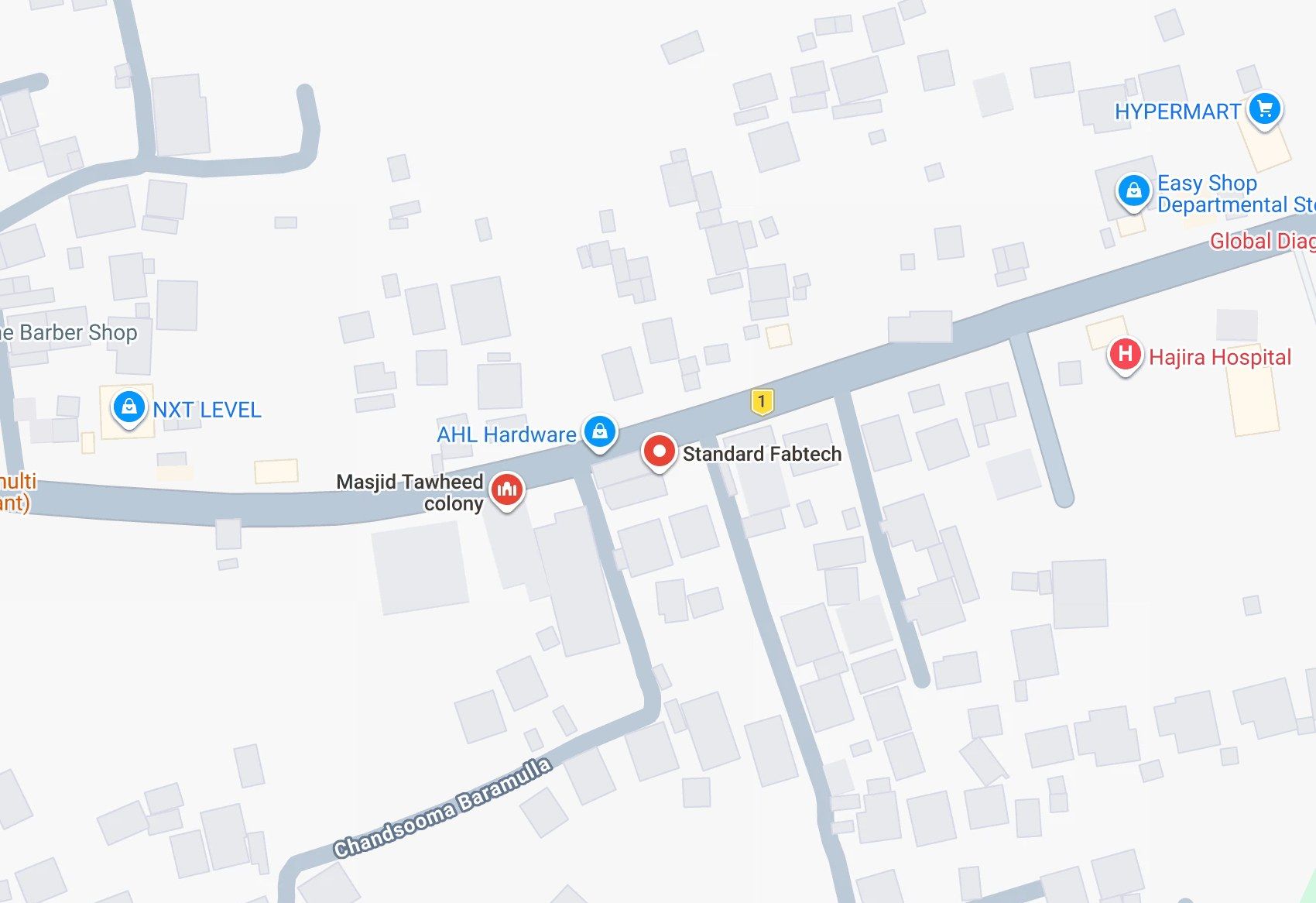 Map of Standard Fabtech on Srinagar Road in Tawheed Colony, Kanispora, between Masjid Tawheed Colony and Hajira Hospital