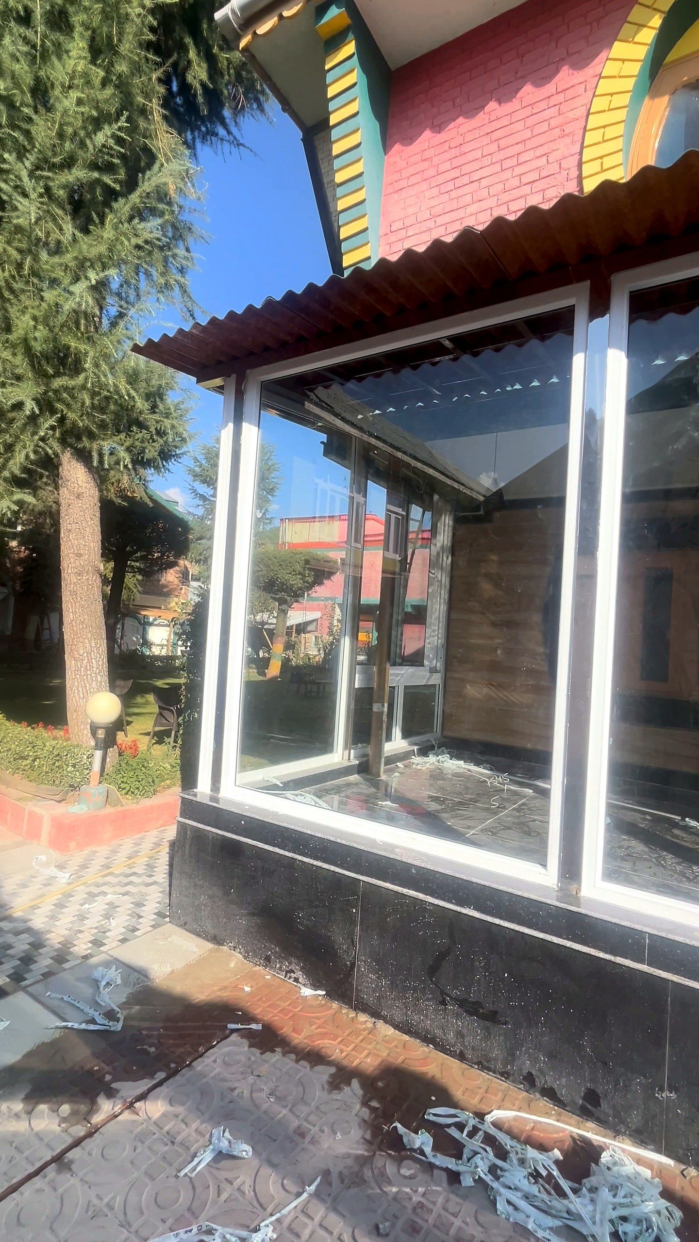 Corner of a glazed veranda in the sun